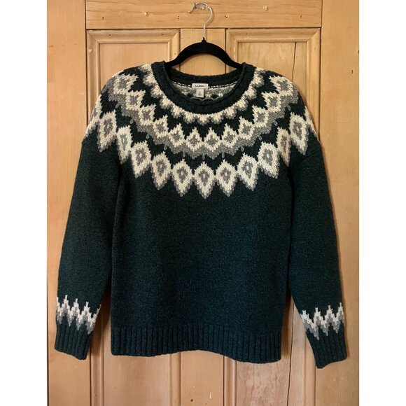 L.L.Bean Womens Fair Isle Nordic 100% Lambswool Sweater Size Small Green FA EXC - Picture 1 of 9